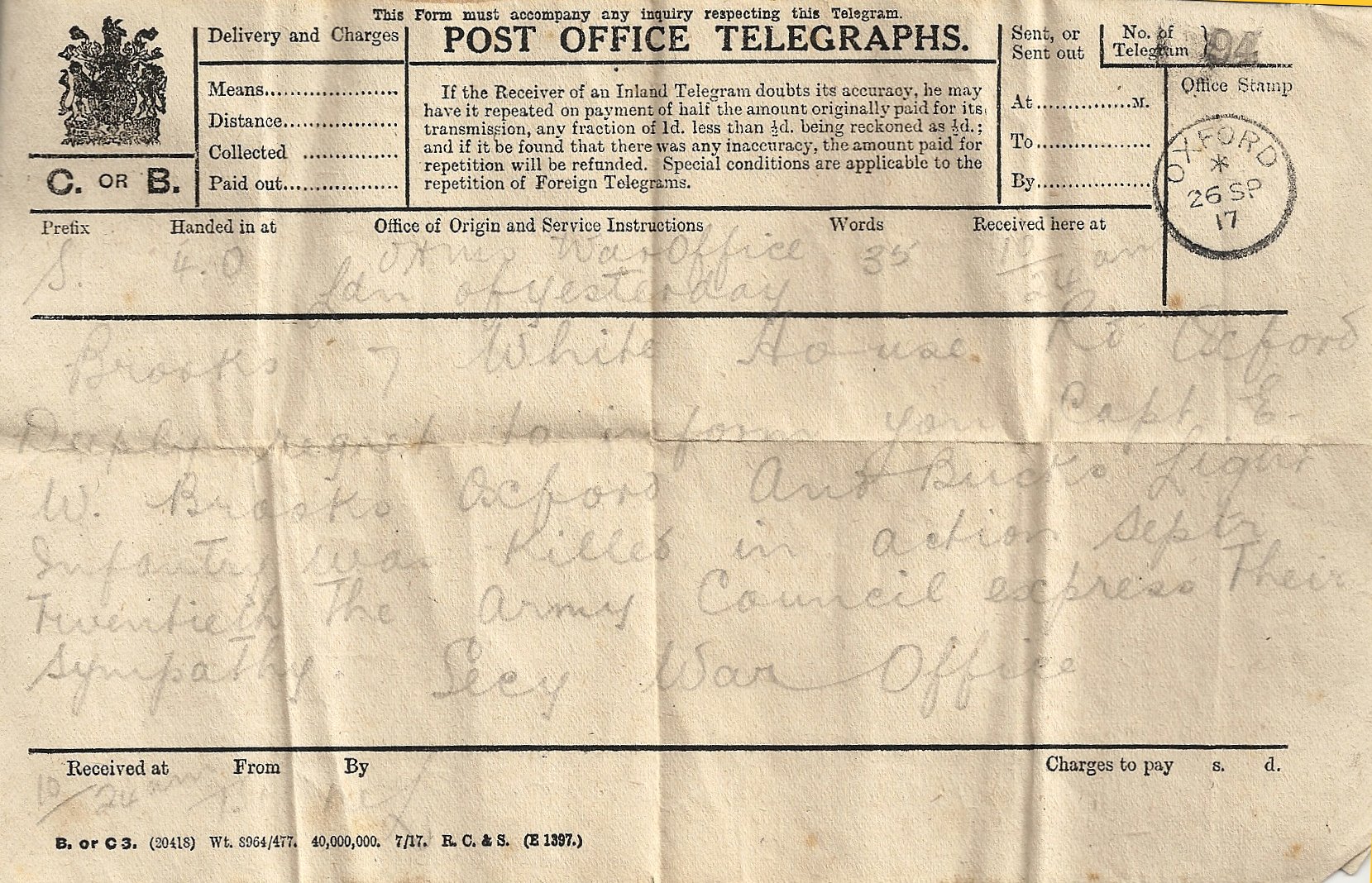 [Ernest Brook, telegram]